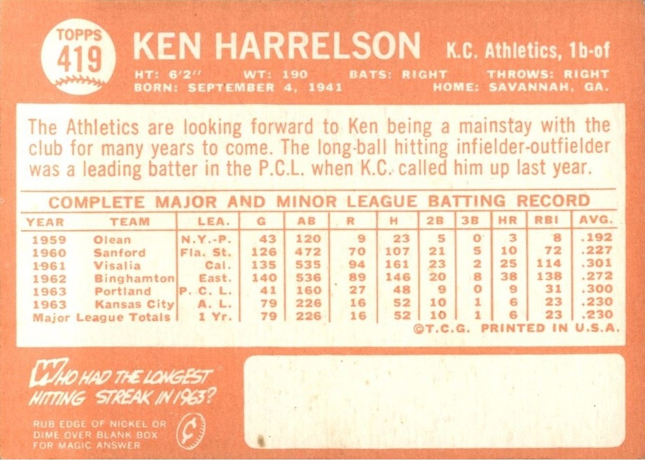 1964 Topps #419 Ken Harrelson card back