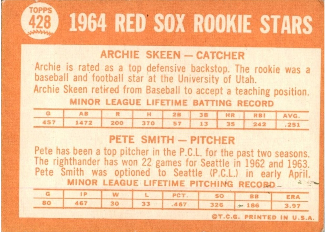 1964 Topps #428 Red Sox 1964 Rookie Stars card back