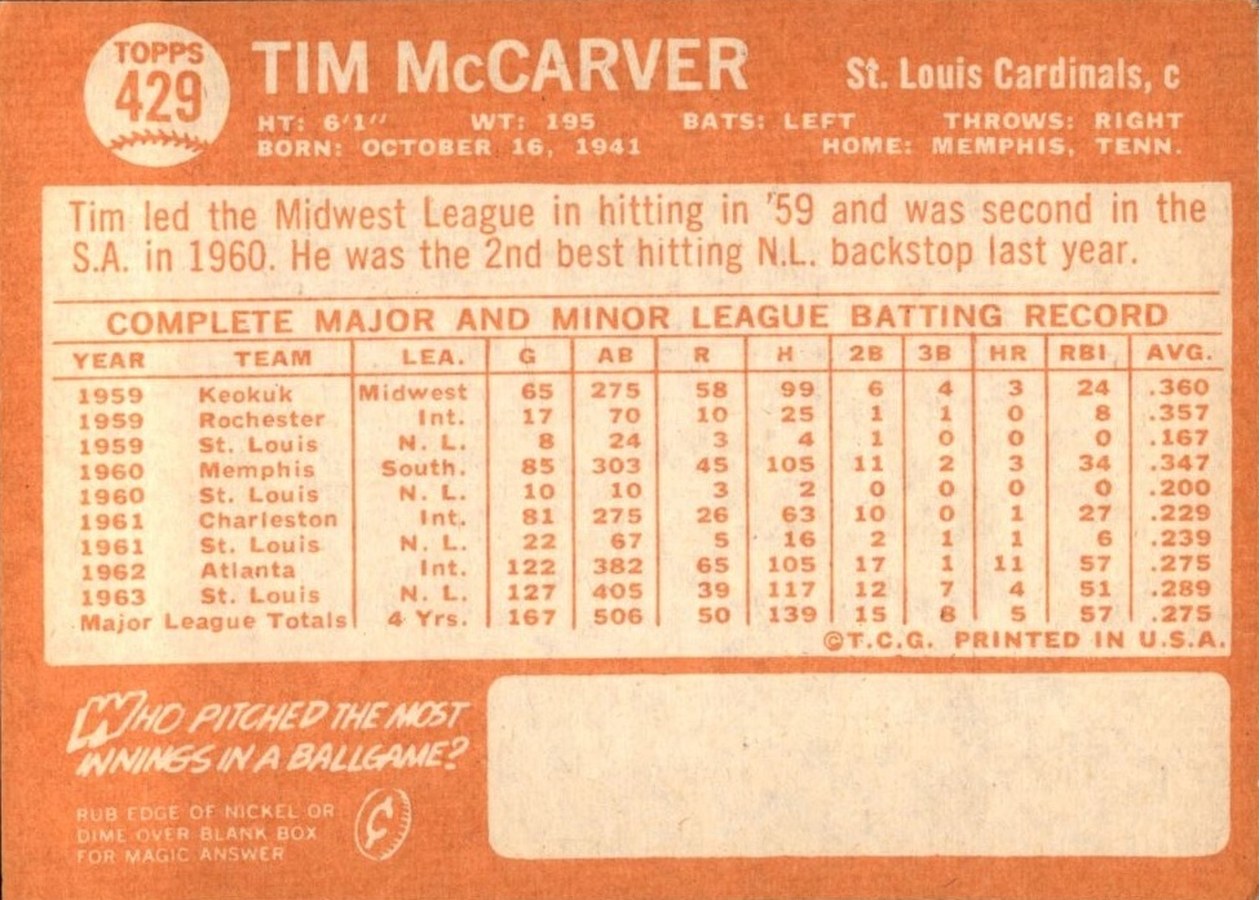 1964 Topps #429 Tim McCarver card back