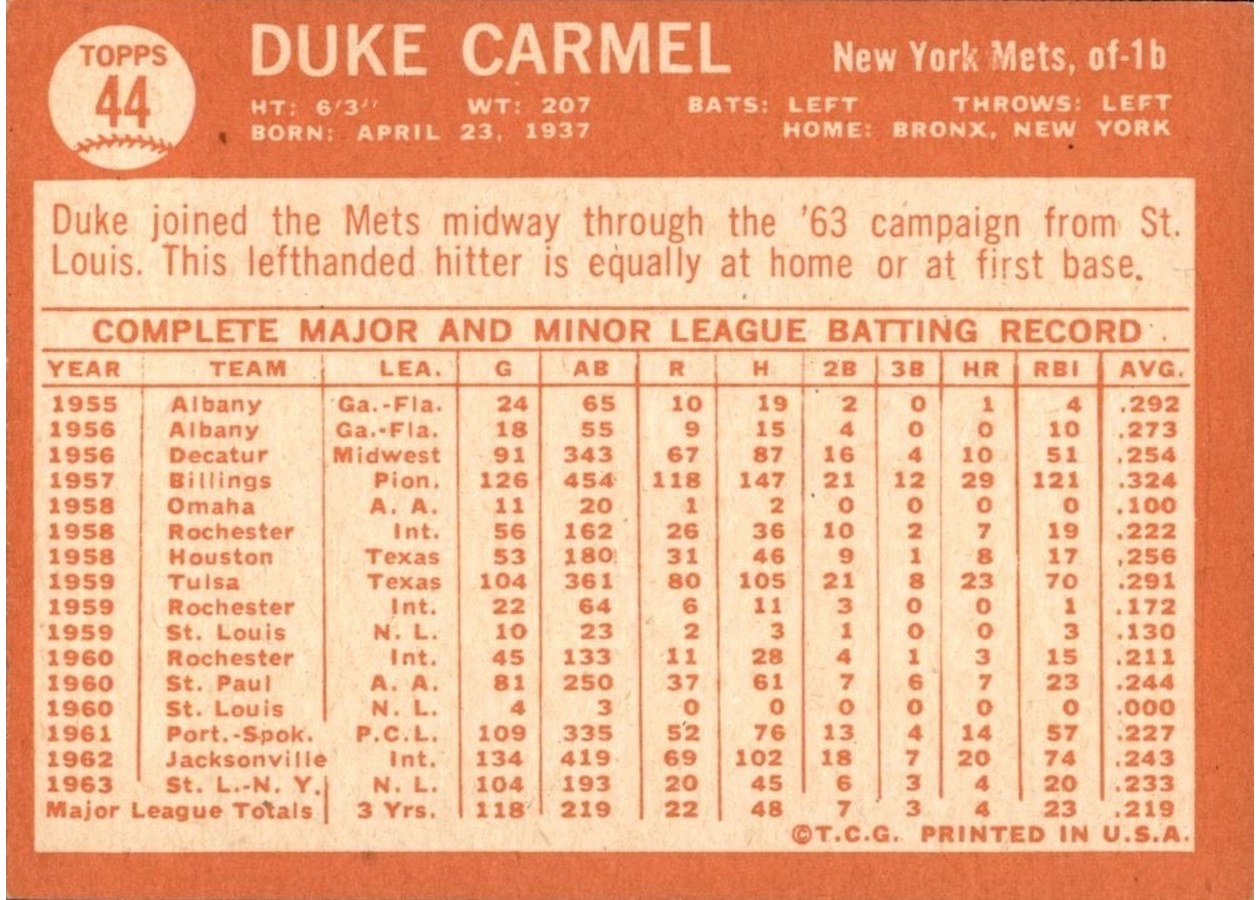 1964 Topps #44 Duke Carmel card back