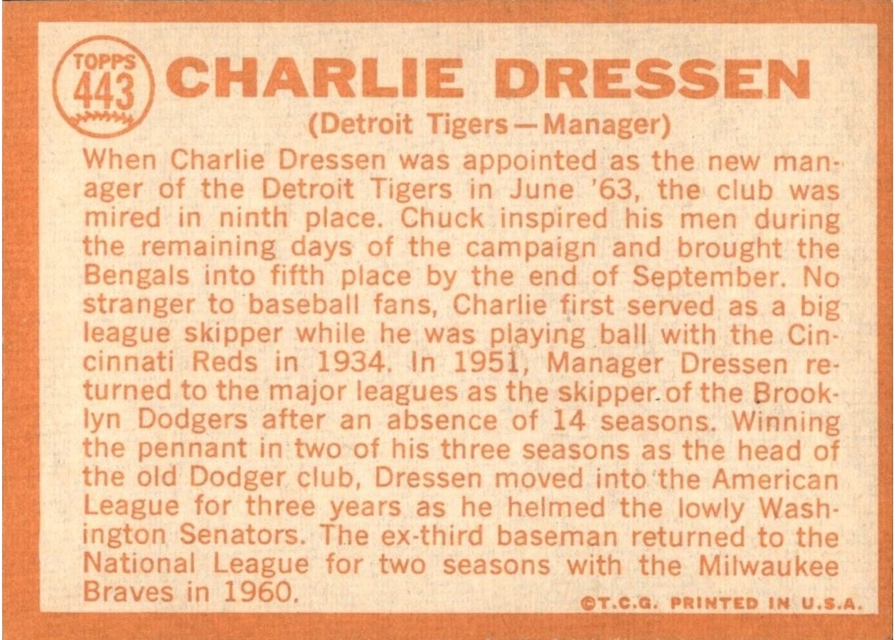 1964 Topps #443 Chuck Dressen card back