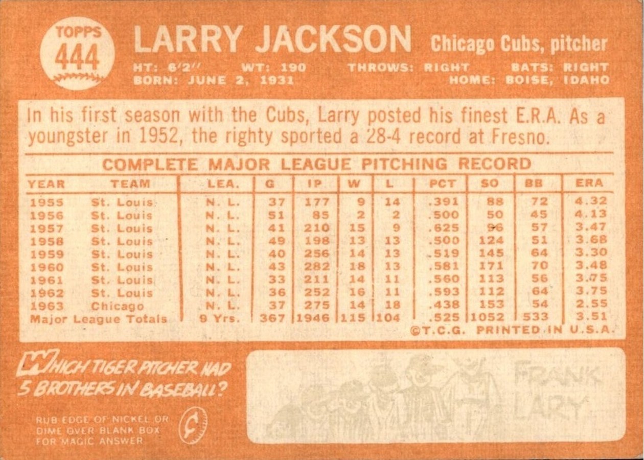 1964 Topps #444 Larry Jackson card back