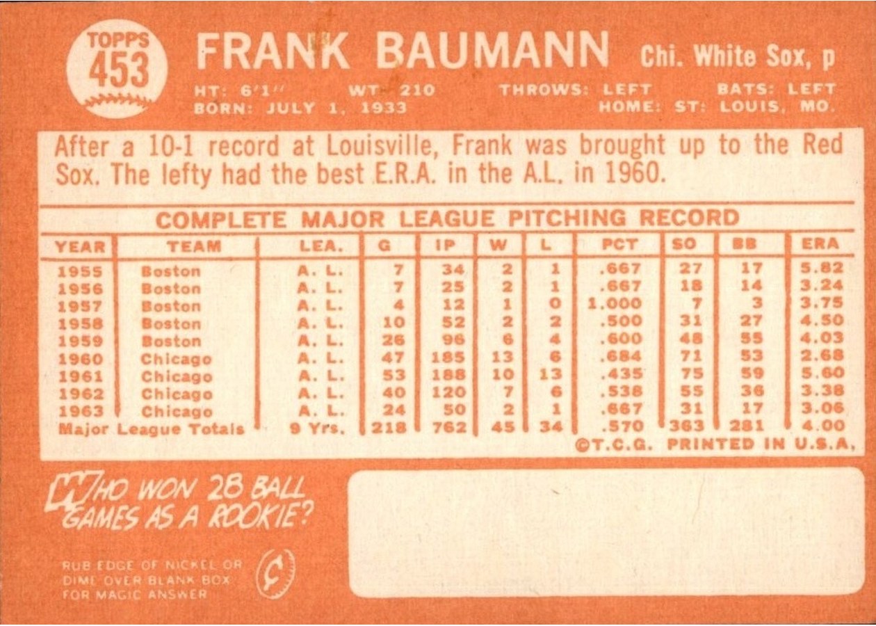 1964 Topps #453 Frank Baumann card back