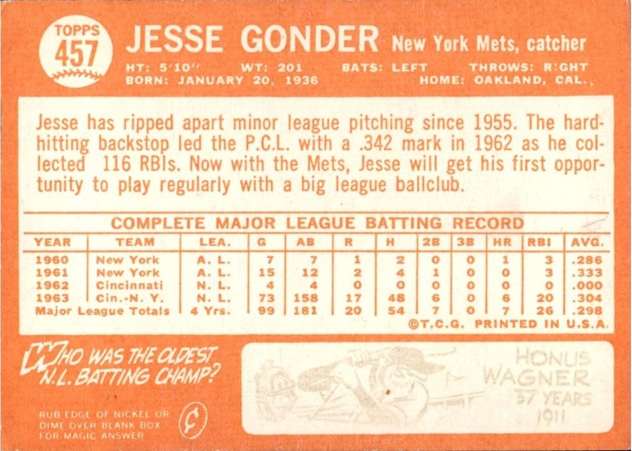 1964 Topps #457 Jesse Gonder card back