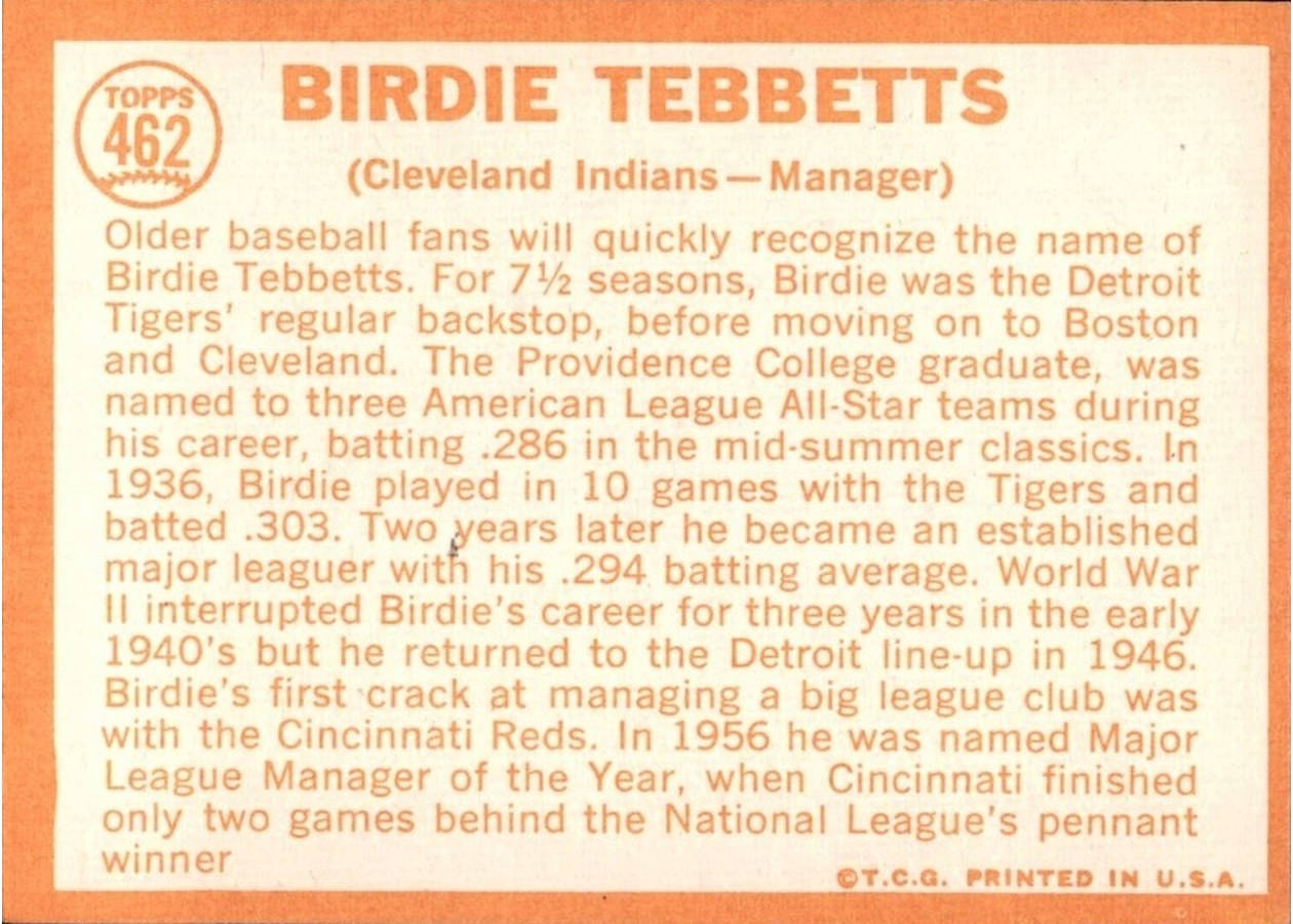 1964 Topps #462 Birdie Tebbetts card back