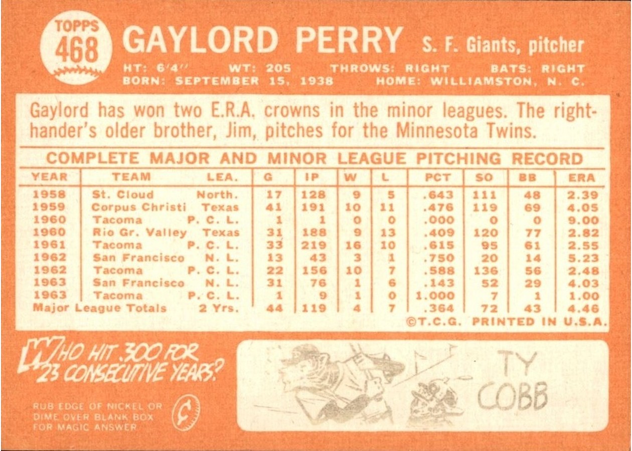 1964 Topps #468 Gaylord Perry card back