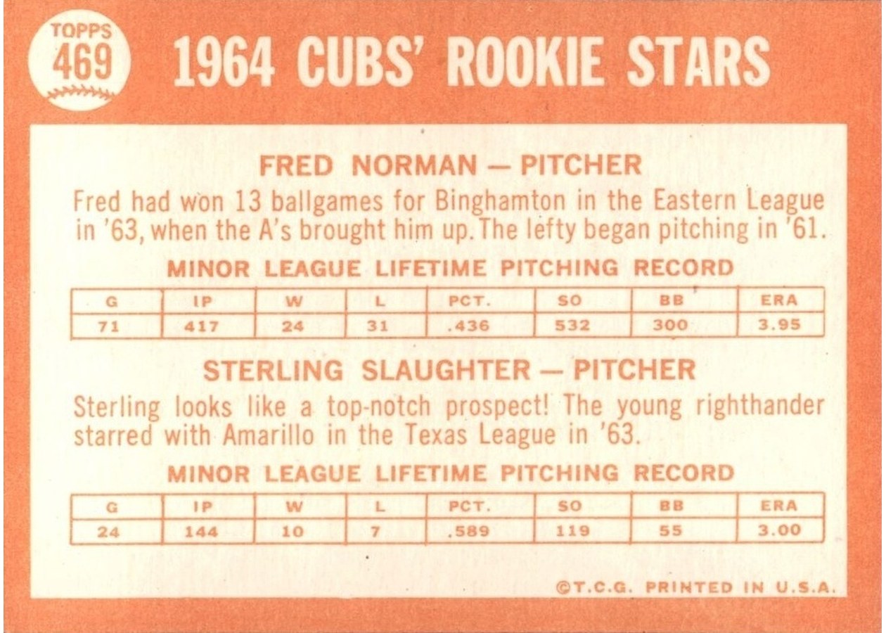 1964 Topps #469 Cubs 1964 Rookie Stars card back
