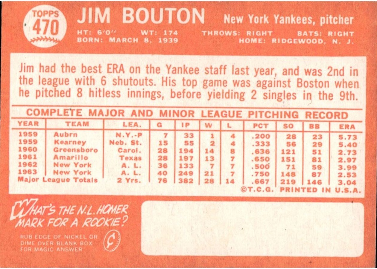 1964 Topps #470 Jim Bouton card back