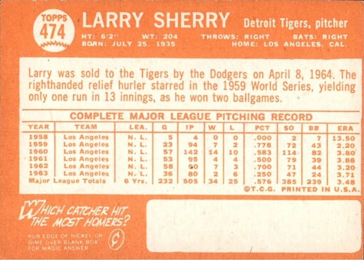 1964 Topps #474 Larry Sherry card back