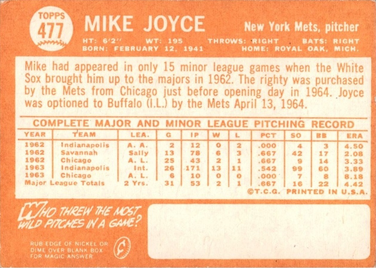1964 Topps #477 Mike Joyce card back