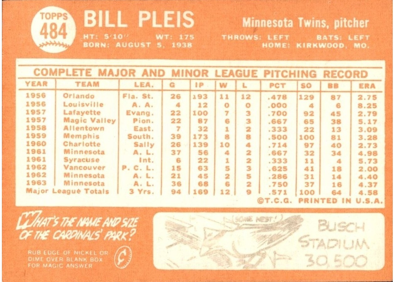 1964 Topps #484 Bill Pleis card back