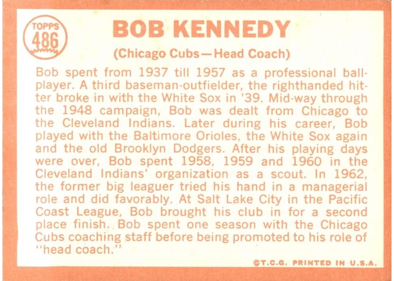 1964 Topps #486 Bob Kennedy card back