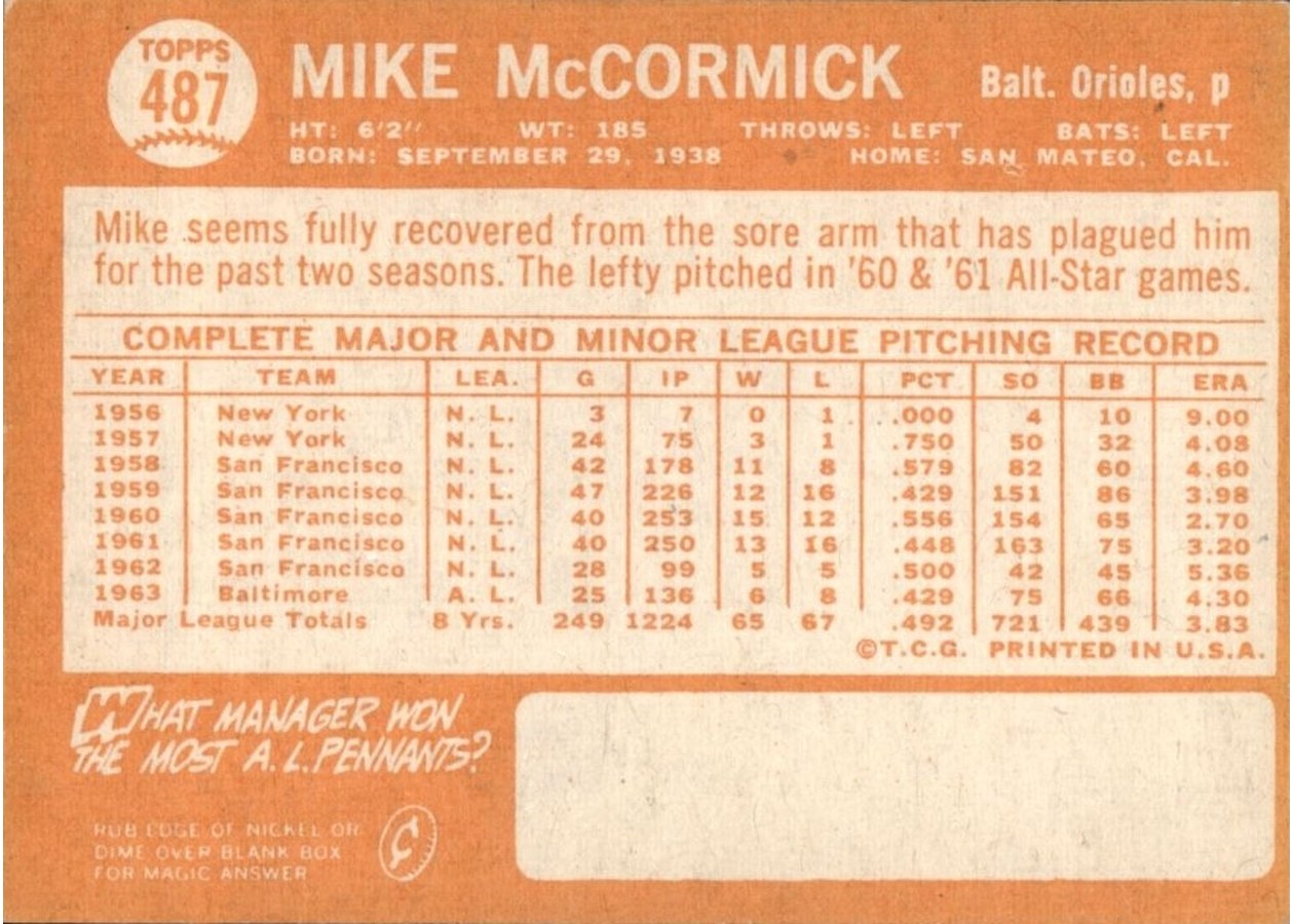 1964 Topps #487 Mike McCormick card back