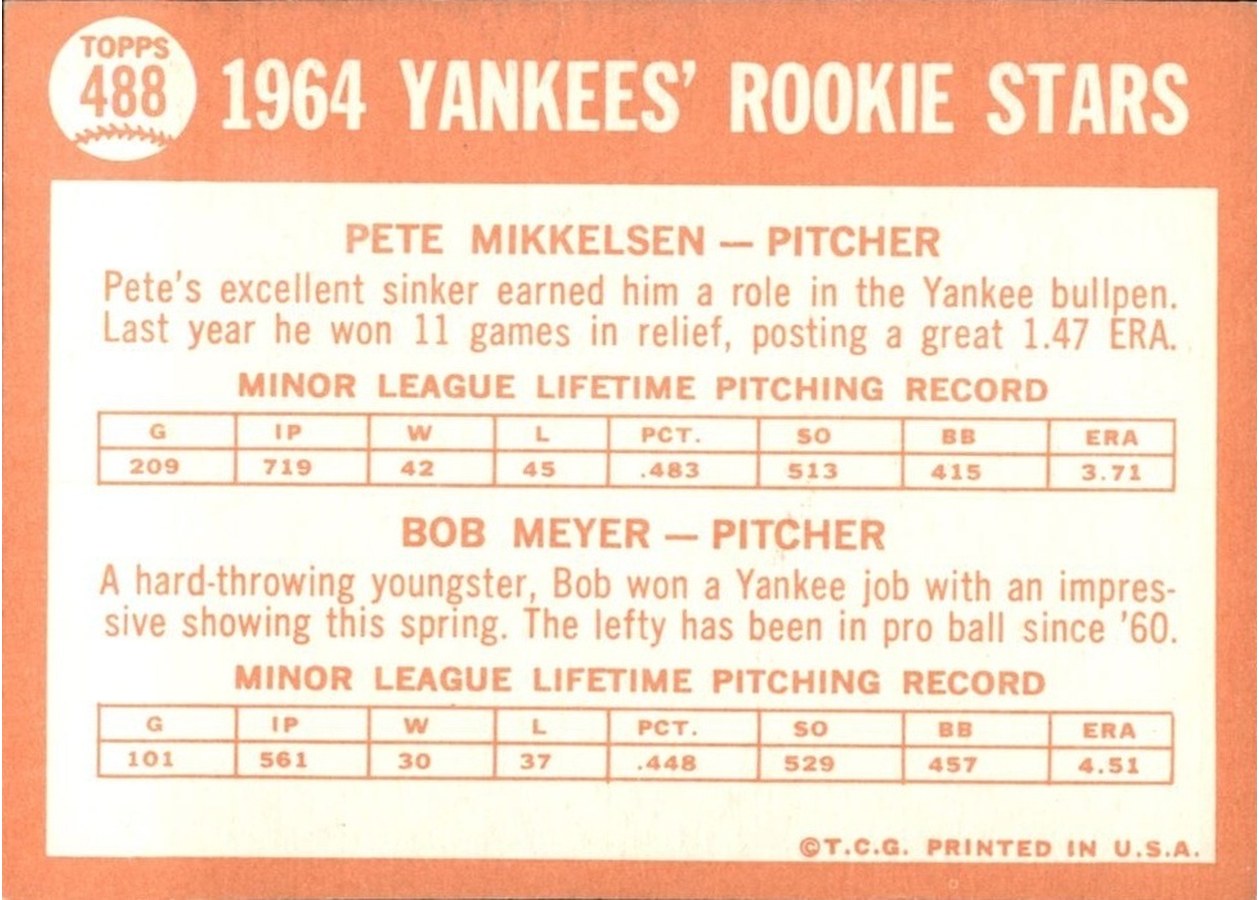 1964 Topps #488 Yankees 1964 Rookie Stars card back