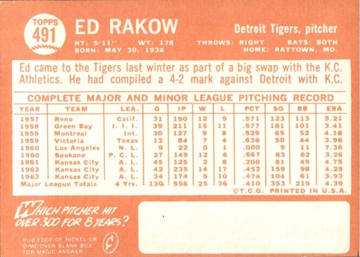 1964 Topps #491 Ed Rakow card back