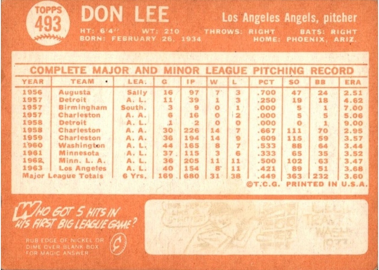 1964 Topps #493 Don Lee card back