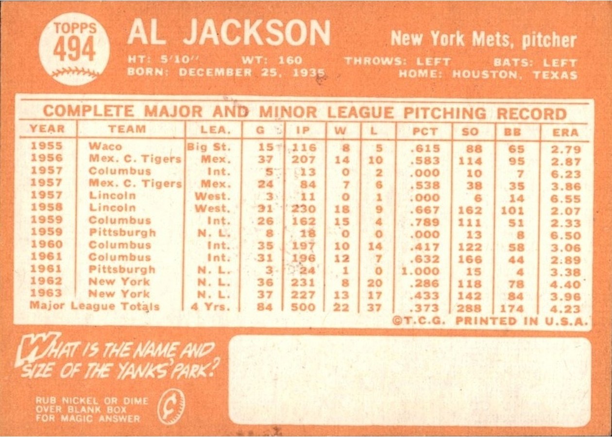 1964 Topps #494 Al Jackson card back