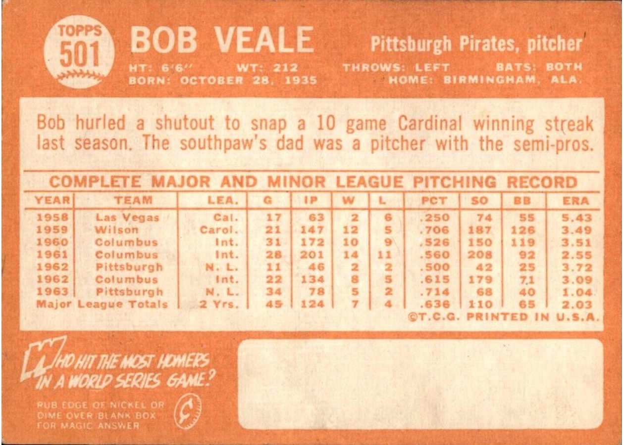 1964 Topps #501 Bob Veale card back