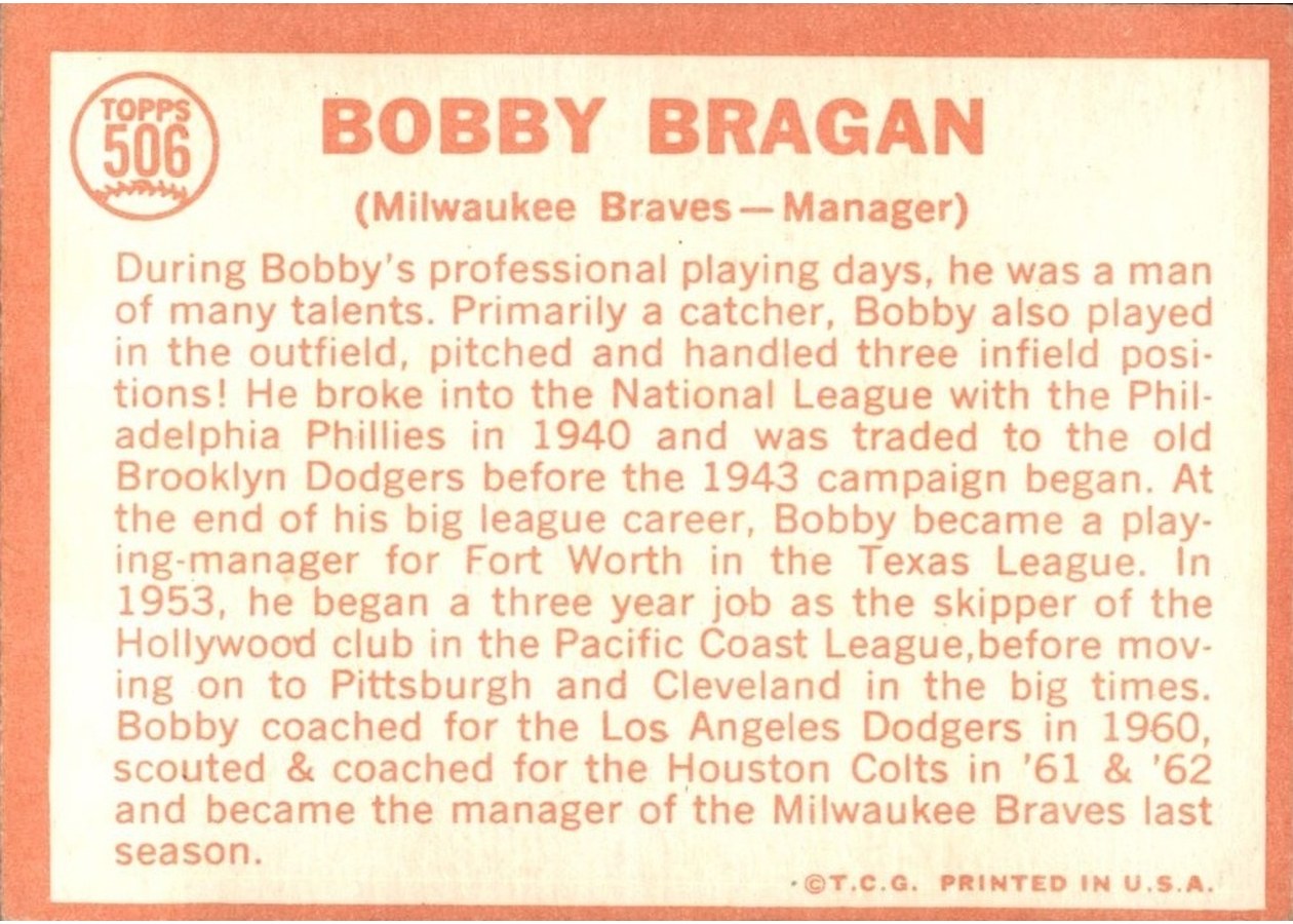 1964 Topps #506 Bobby Bragan card back