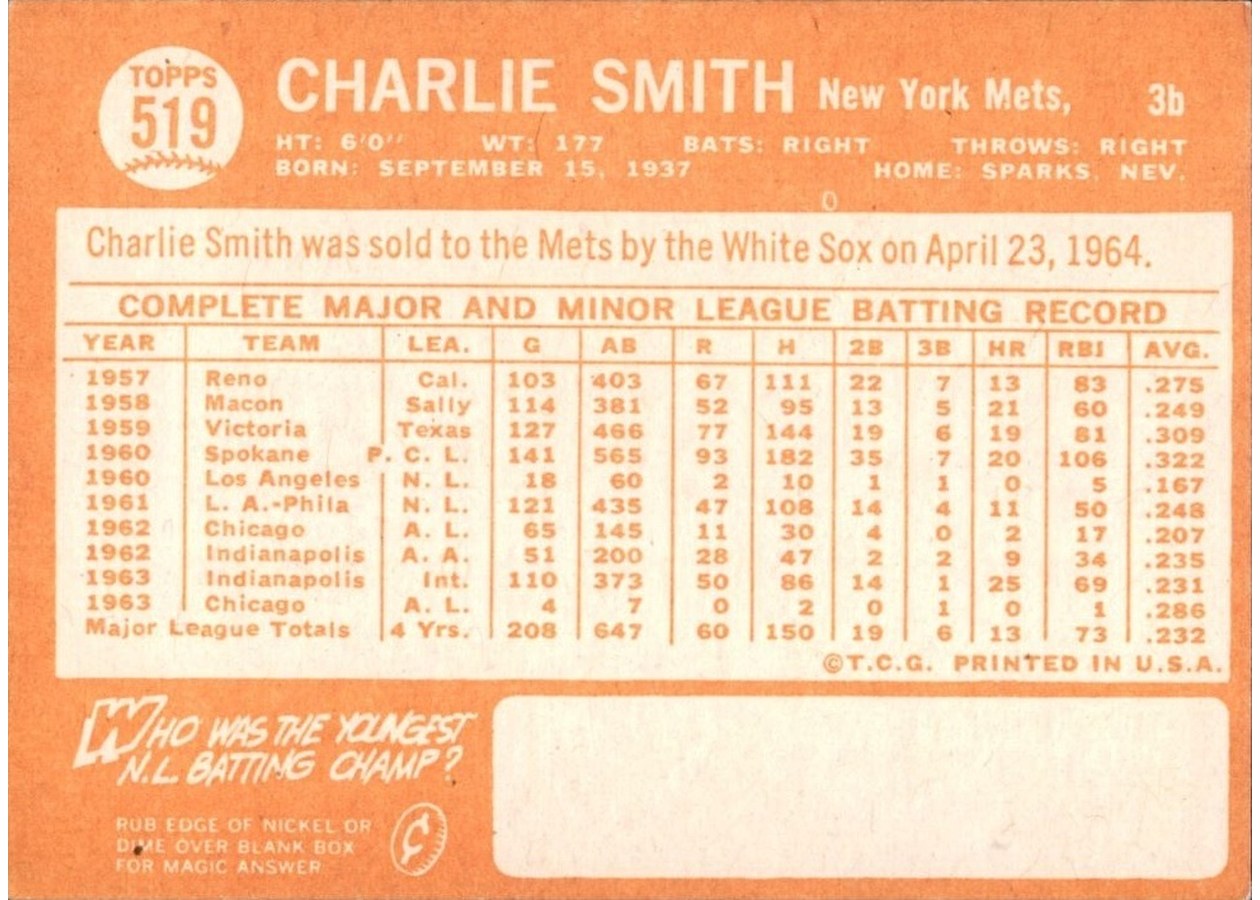 1964 Topps #519 Charlie Smith card back