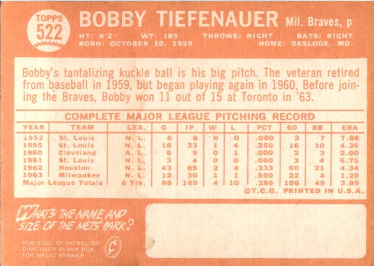 1964 Topps #522 Bobby Tiefenauer card back