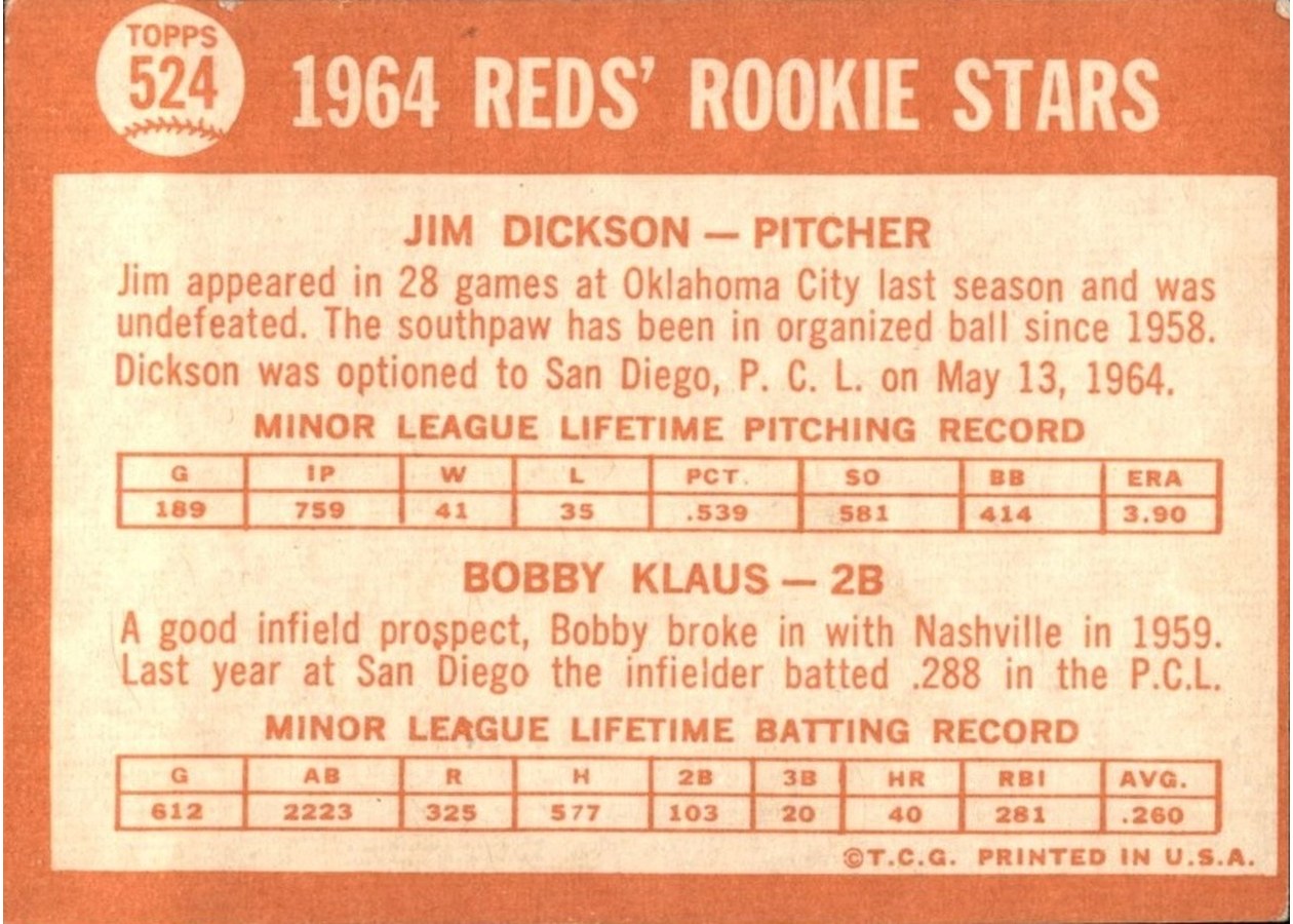 1964 Topps #524 Reds 1964 Rookie Stars card back