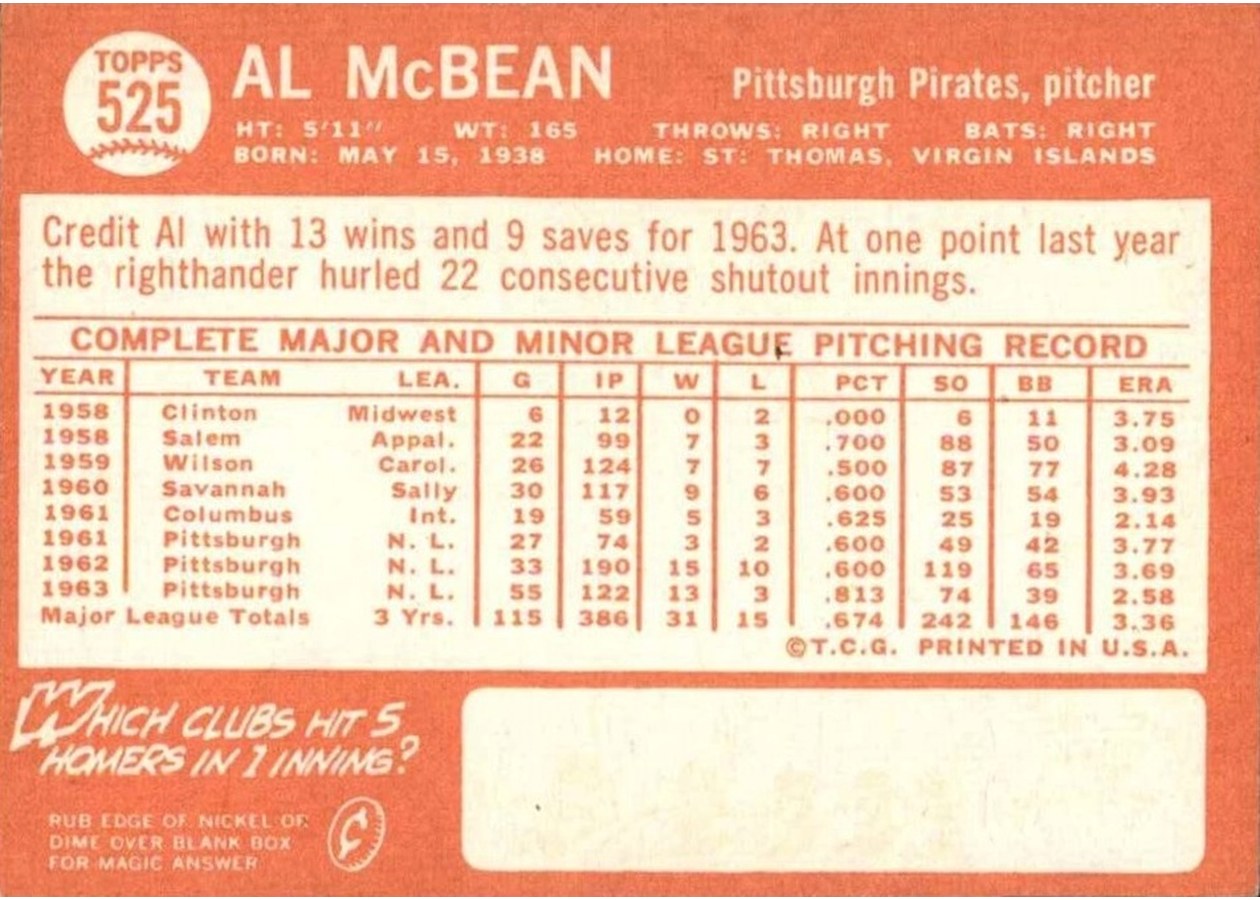 1964 Topps #525 Al McBean card back