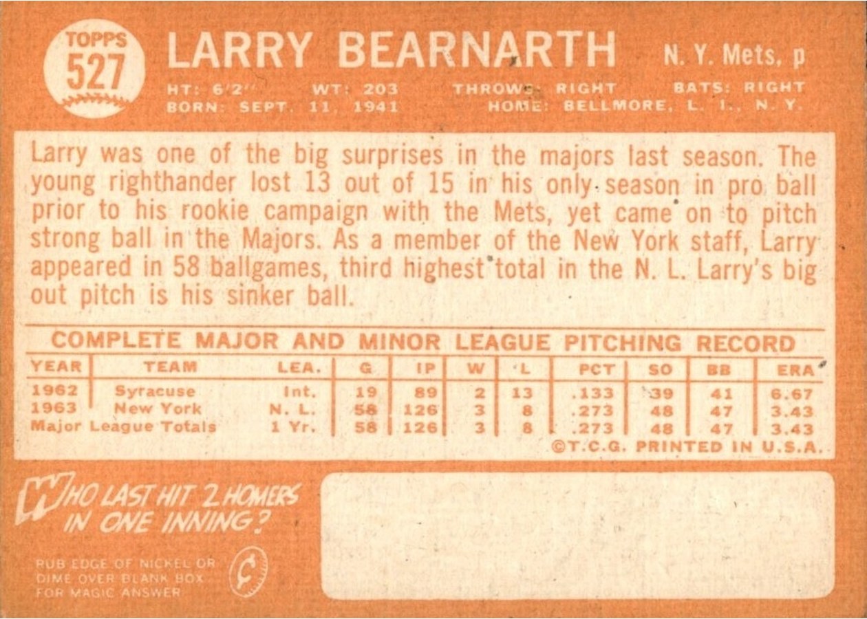 1964 Topps #527 Larry Bearnarth card back