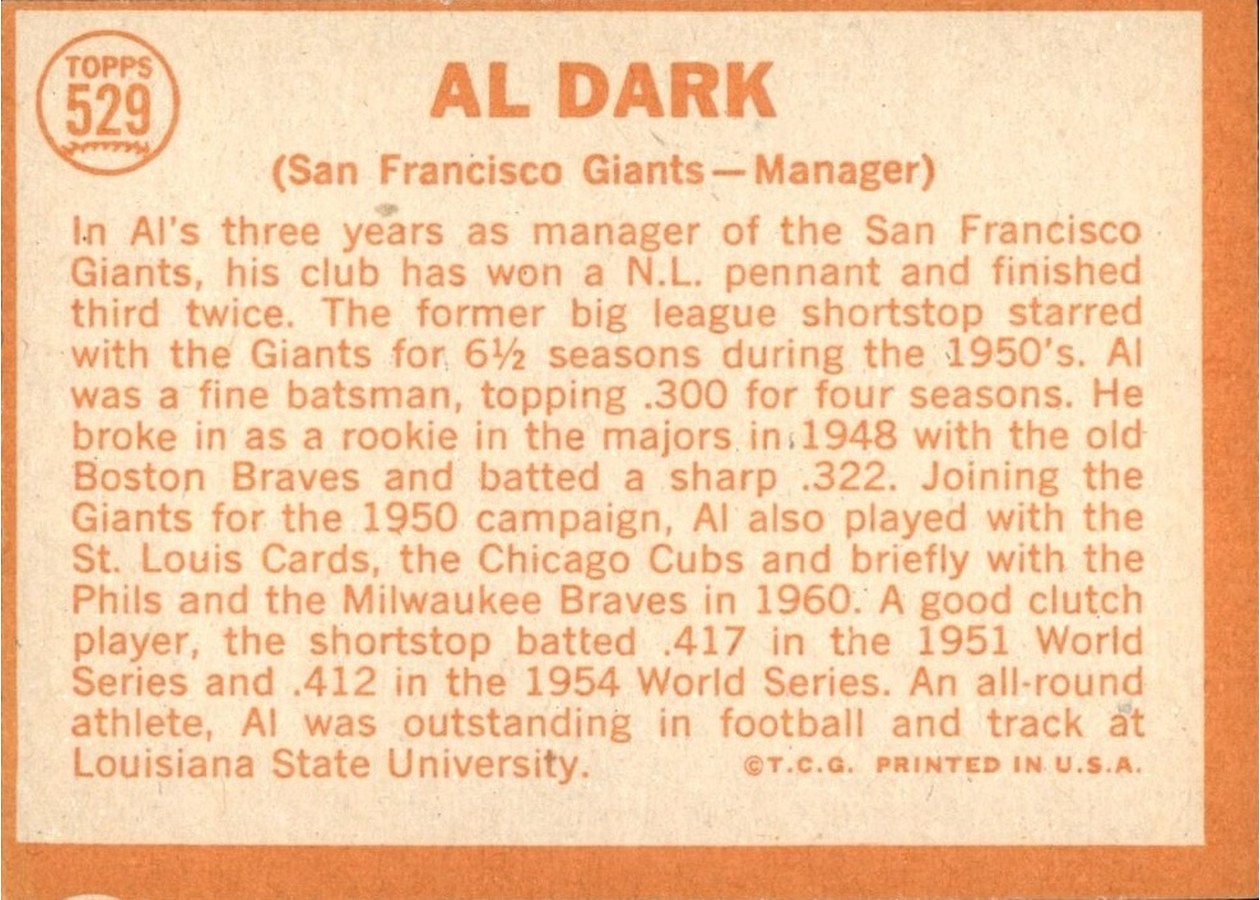 1964 Topps #529 Al Dark card back