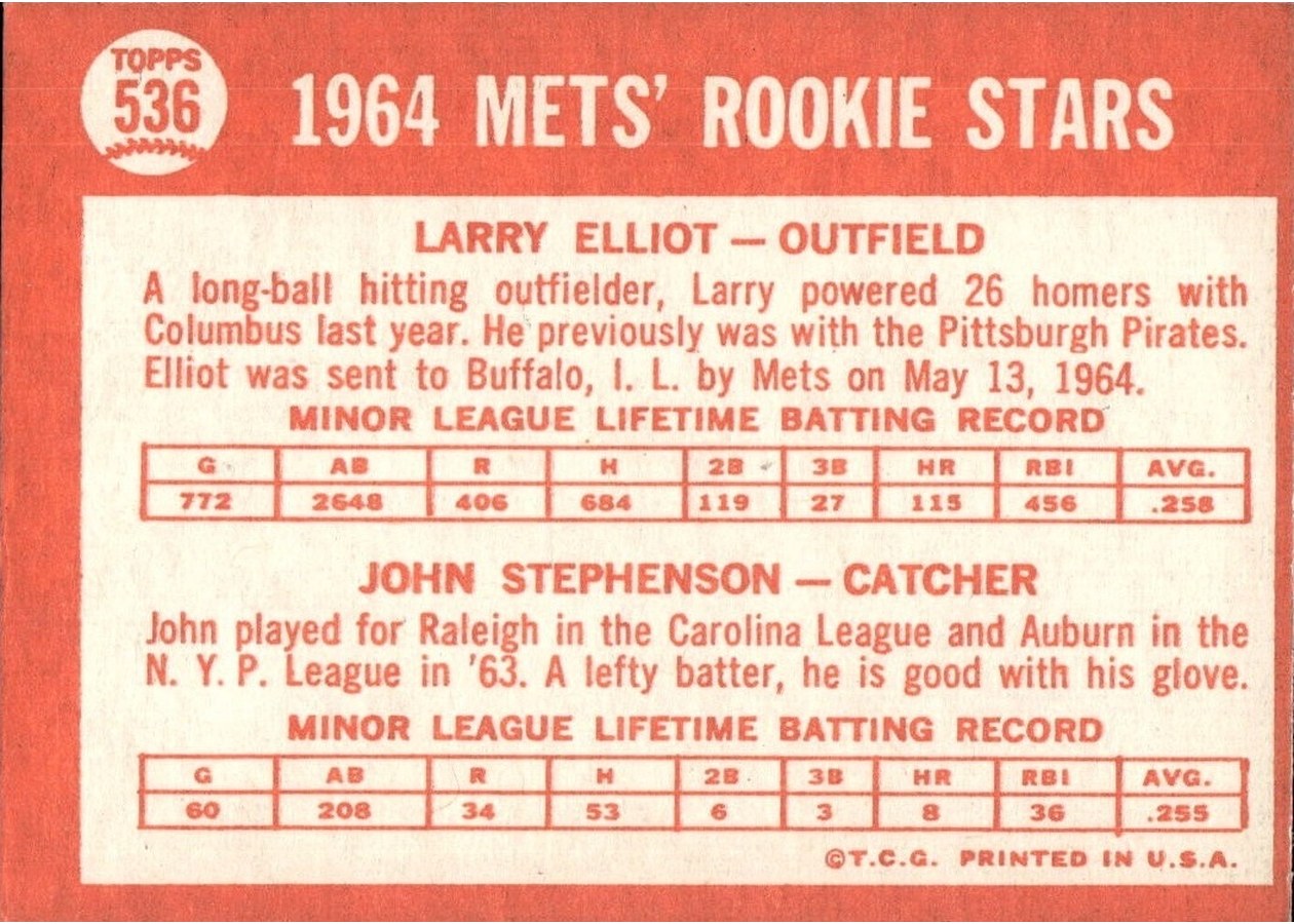 1964 Topps #536 Mets 1964 Rookie Stars card back