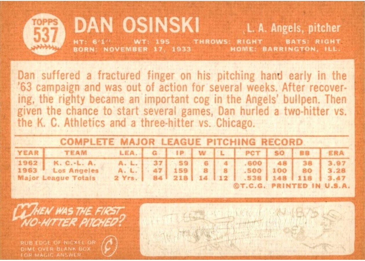 1964 Topps #537 Dan Osinski card back