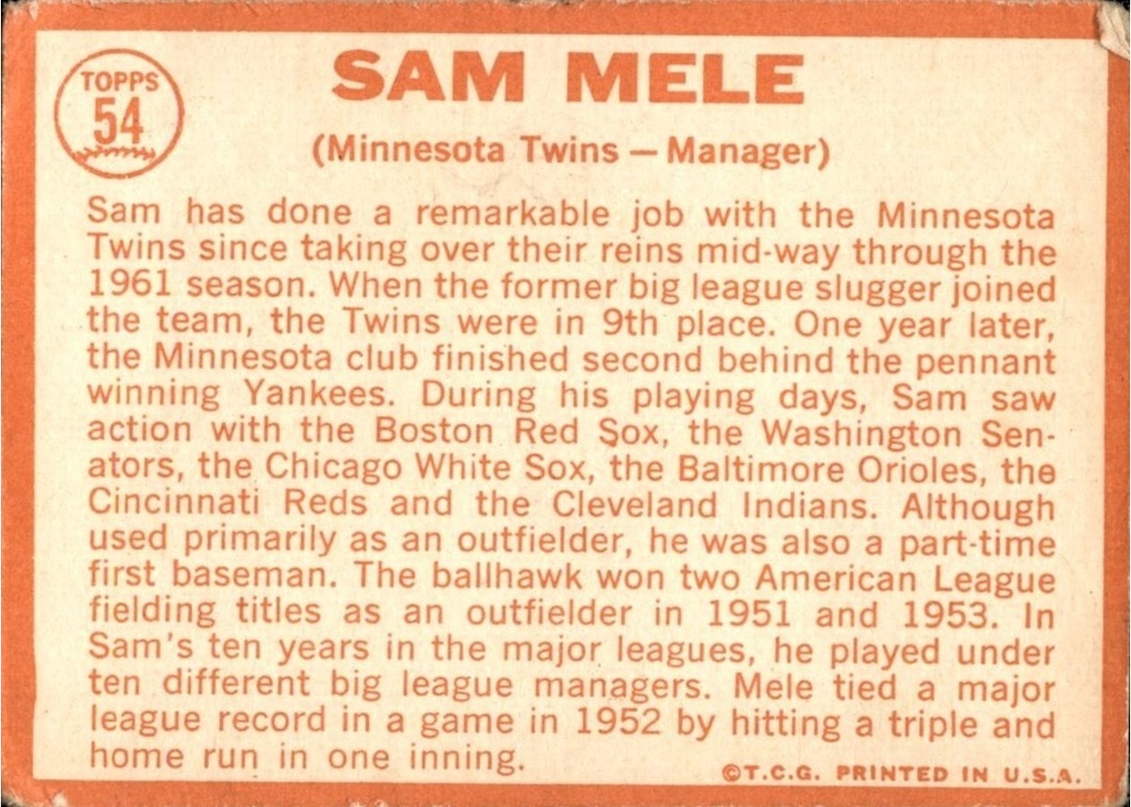 1964 Topps #54 Sam Mele card back