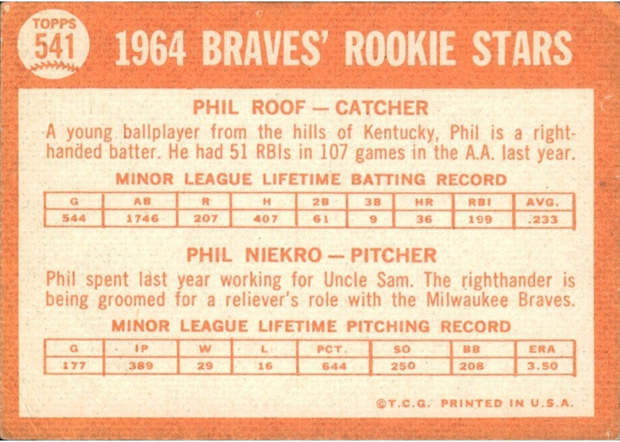 1964 Topps #541 Braves 1964 Rookie Stars card back