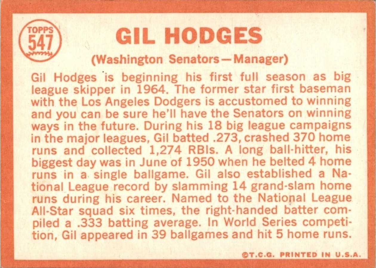 1964 Topps #547 Gil Hodges card back