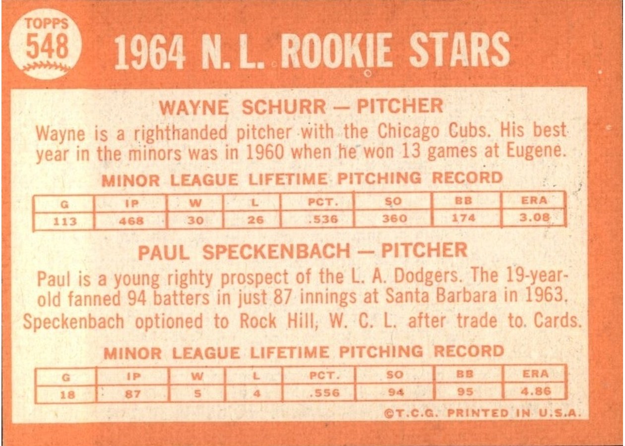 1964 Topps #548 N. League 1964 Rookie Stars card back