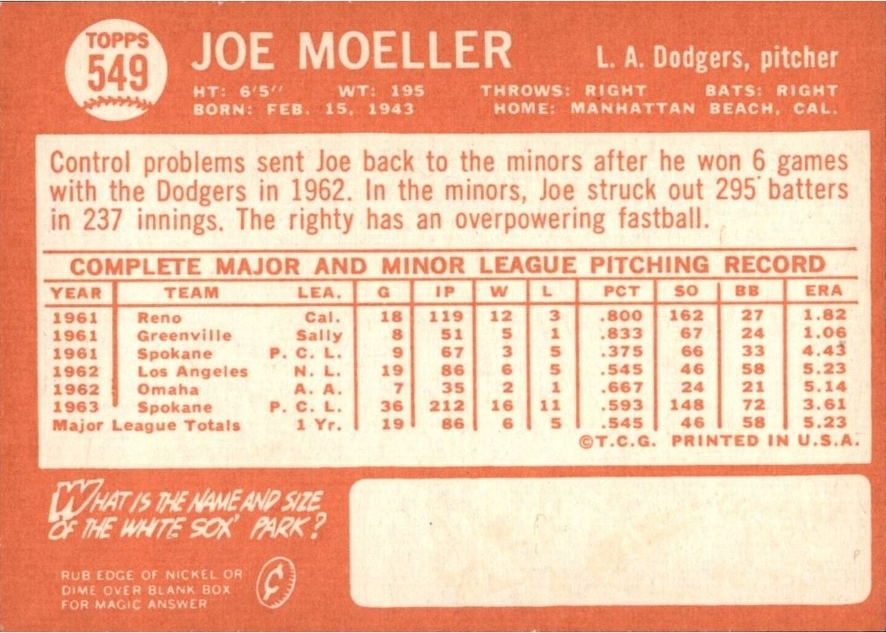 1964 Topps #549 Joe Moeller card back