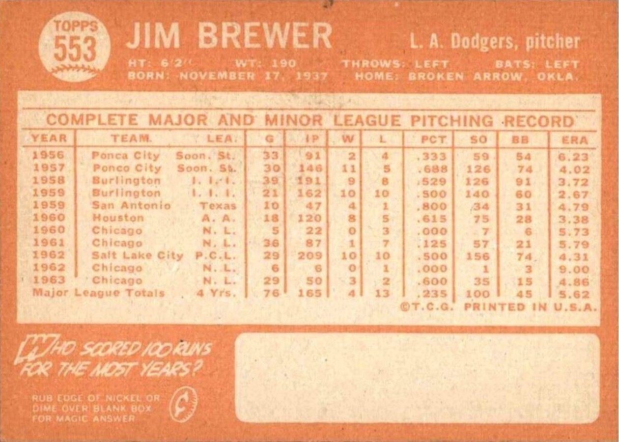 1964 Topps #553 Jim Brewer card back