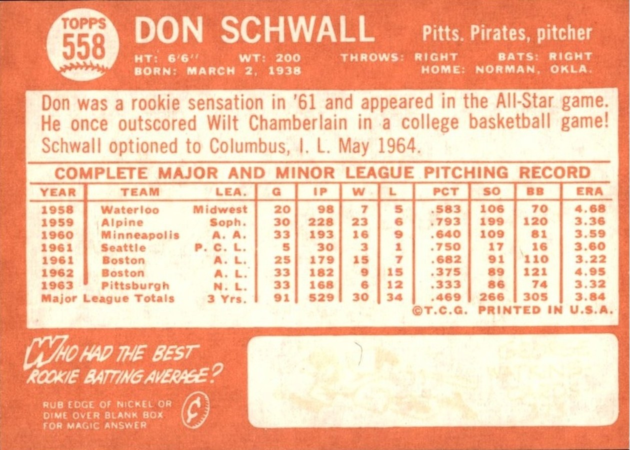 1964 Topps #558 Don Schwall card back