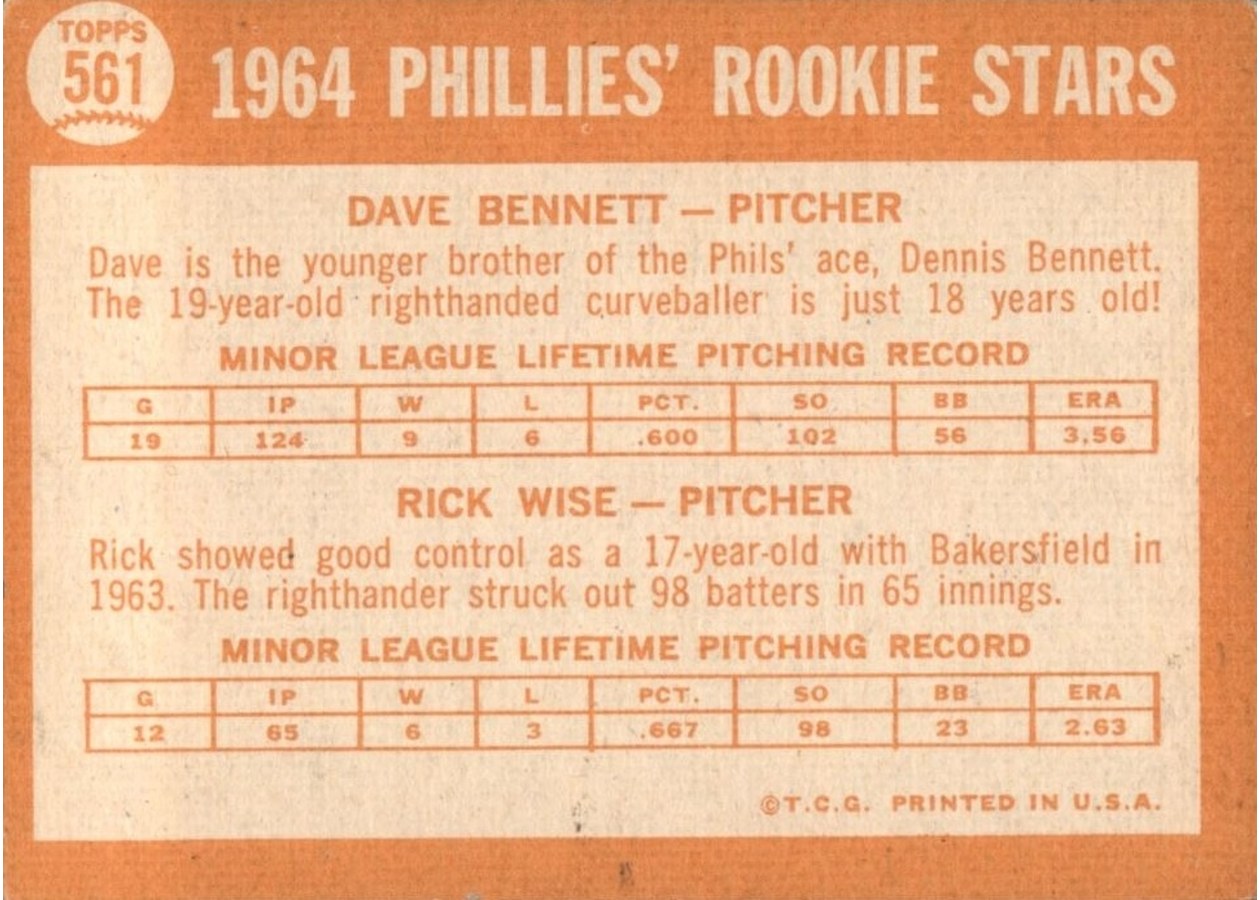 1964 Topps #561 Phillies 1964 Rookie Stars card back