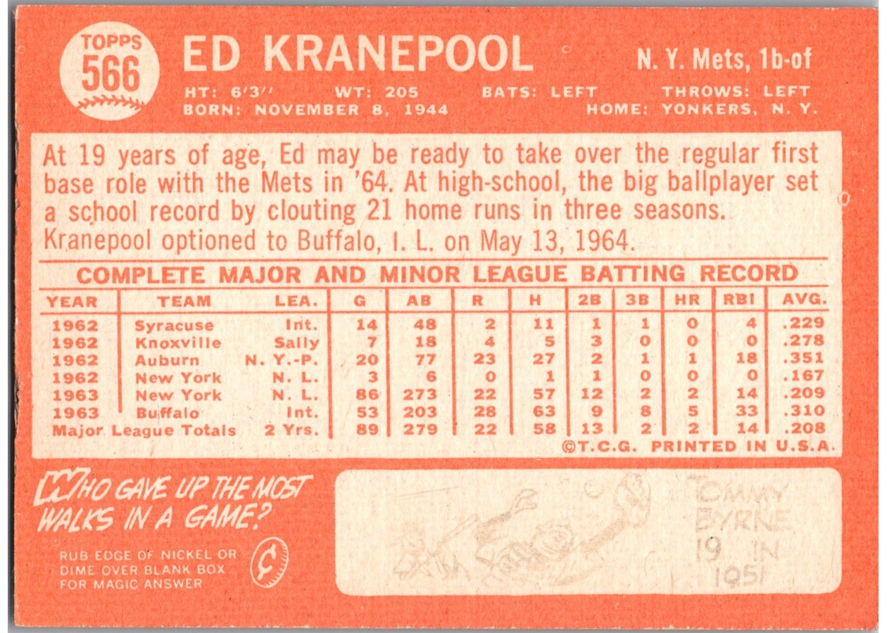 1964 Topps #566 Ed Kranepool card back