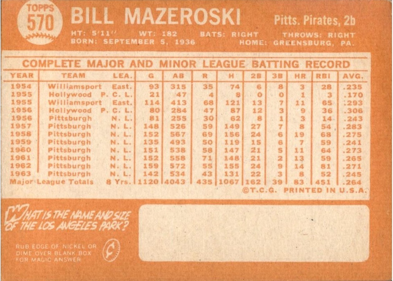 1964 Topps #570 Bill Mazeroski card back