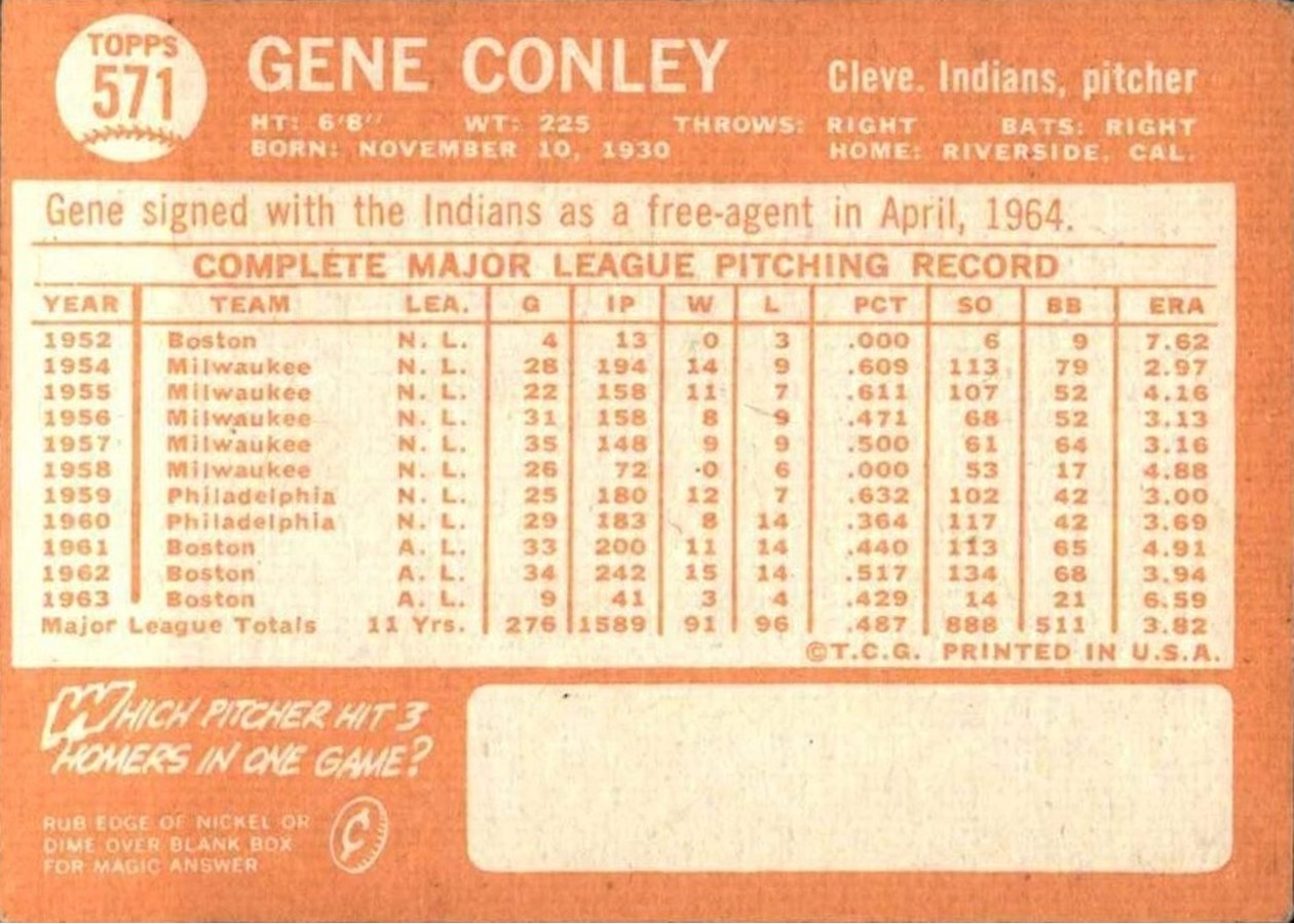 1964 Topps #571 Gene Conley card back