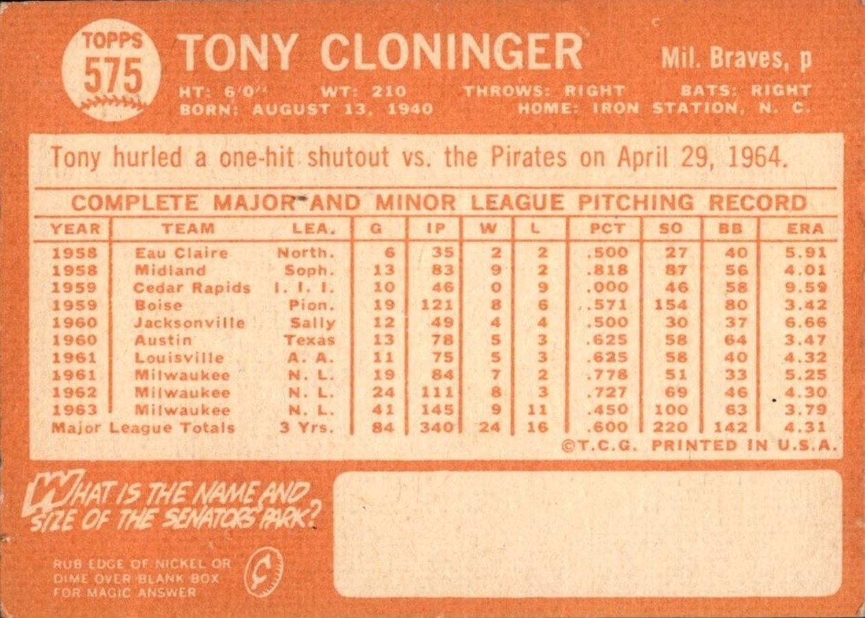 1964 Topps #575 Tony Cloninger card back