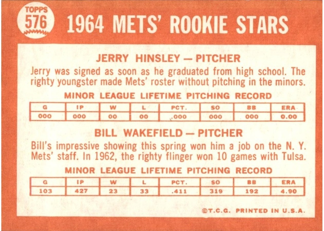 1964 Topps #576 Mets 1964 Rookie Stars card back