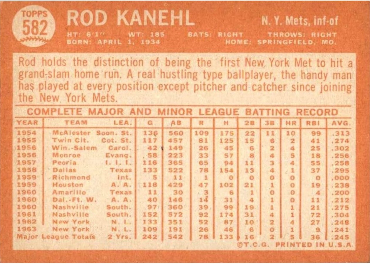 1964 Topps #582 Rod Kanehl card back