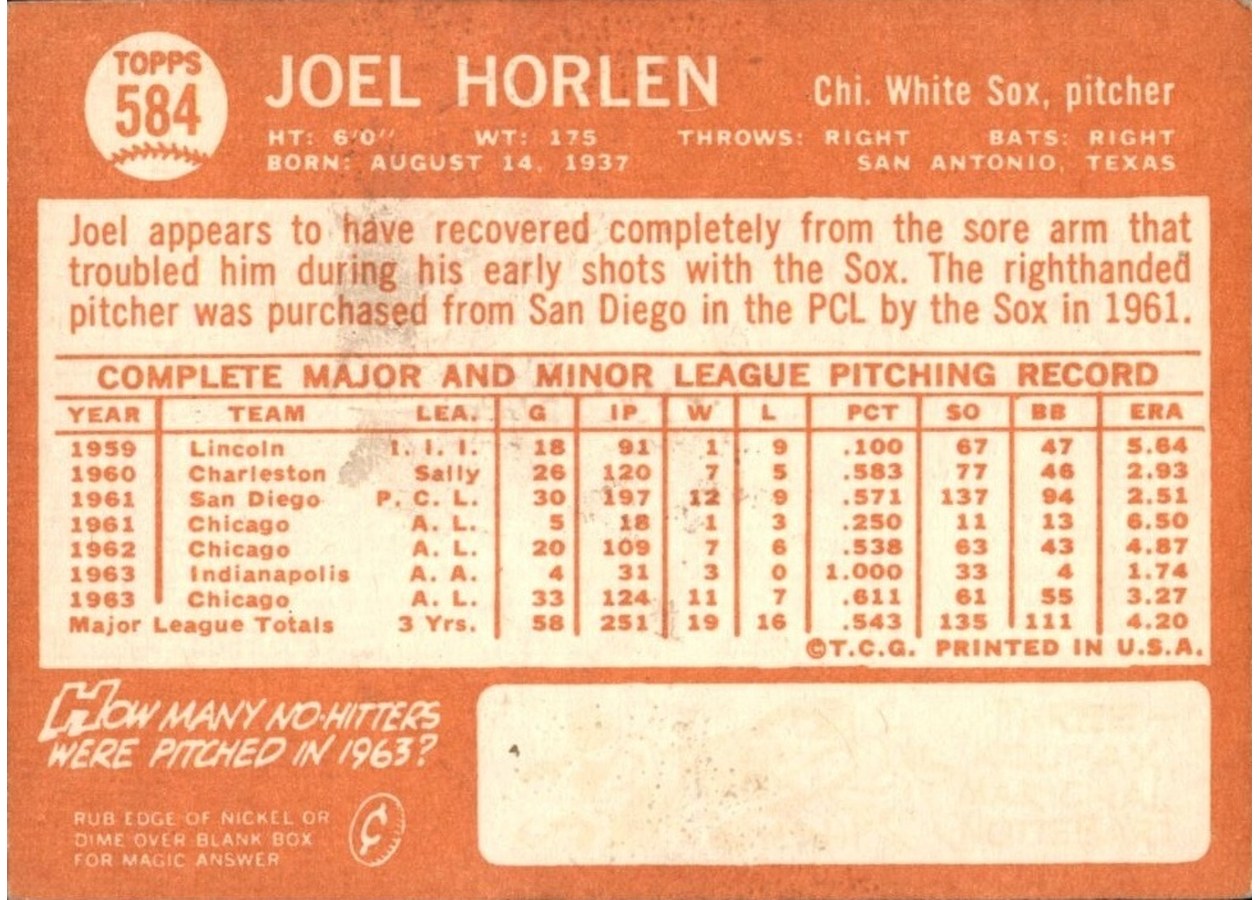 1964 Topps #584 Joel Horlen card back
