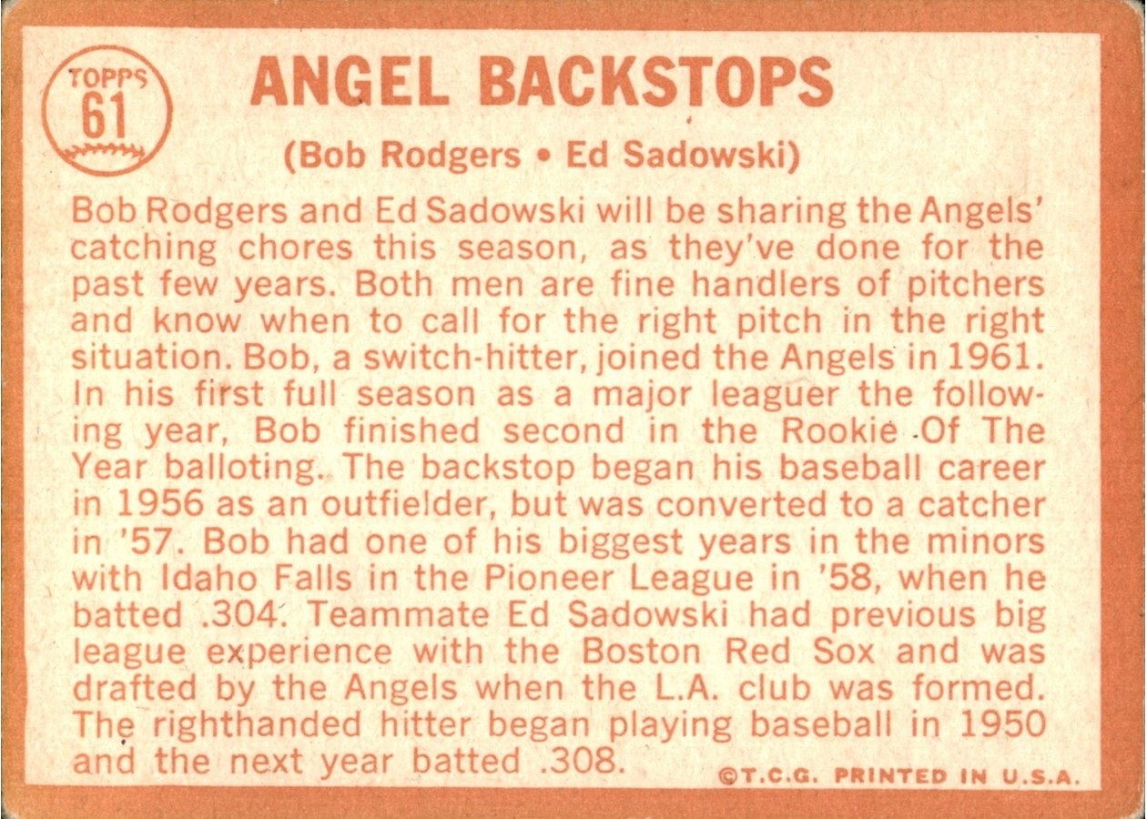 1964 Topps #61 Angel Backstops card back