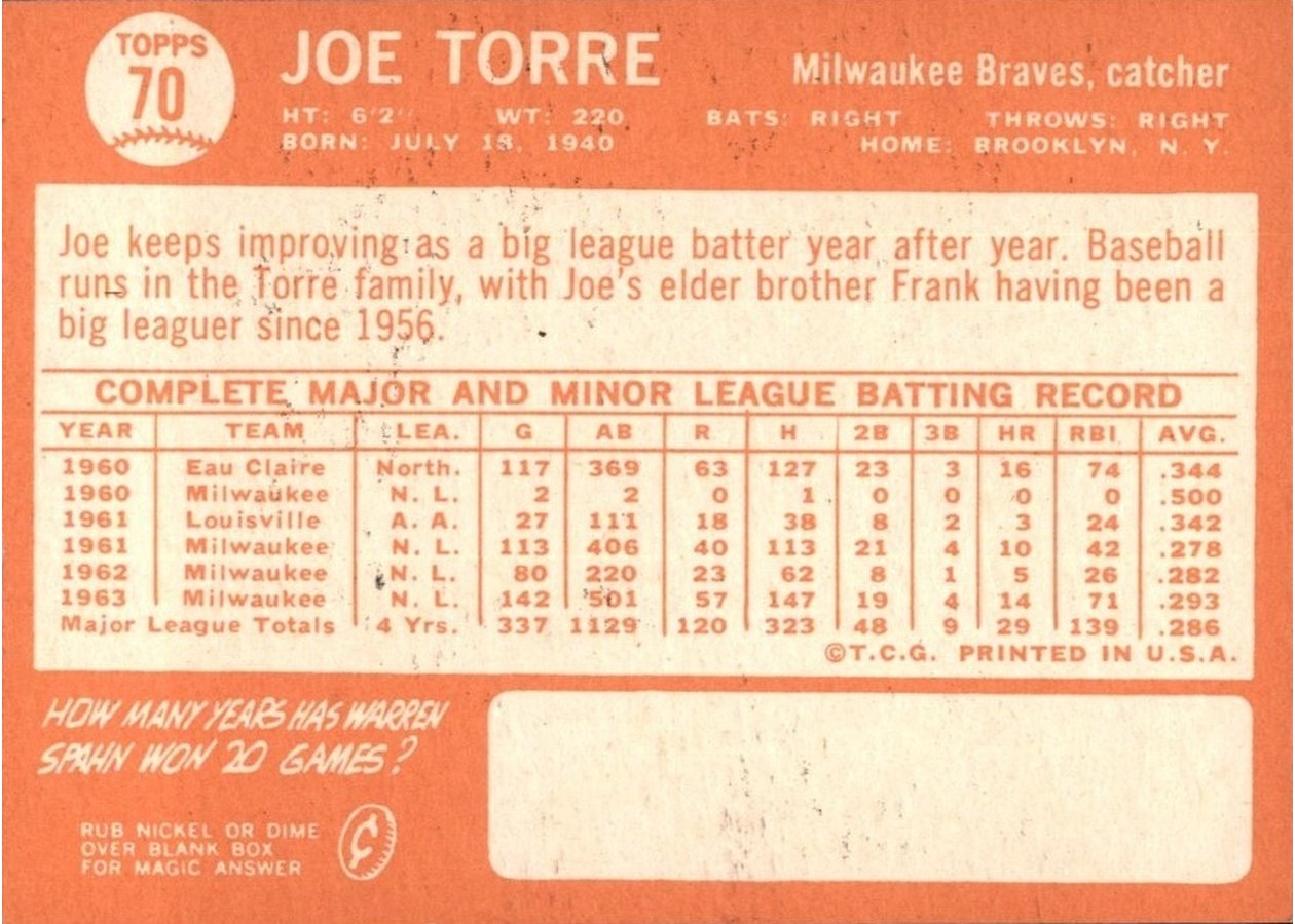 1964 Topps #70 Joe Torre card back