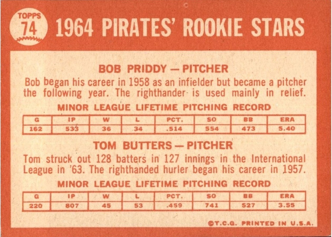 1964 Topps #74 Pirates 1964 Rookie Stars card back