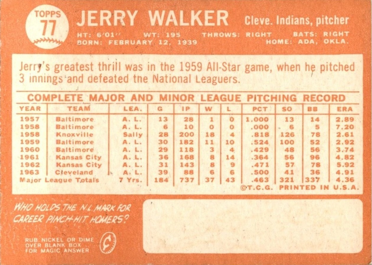 1964 Topps #77 Jerry Walker card back